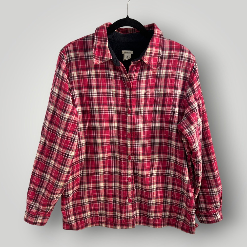 L.L. Bean Red Plaid Fleece Lined Flannel Button Down Shirt Jacket Medium